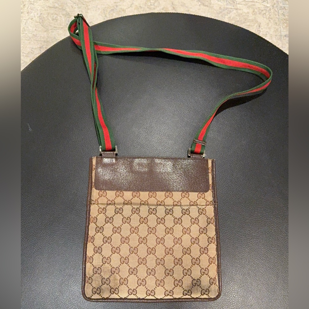 Gucci Tan and Brown Messenger Bag with Green Strap